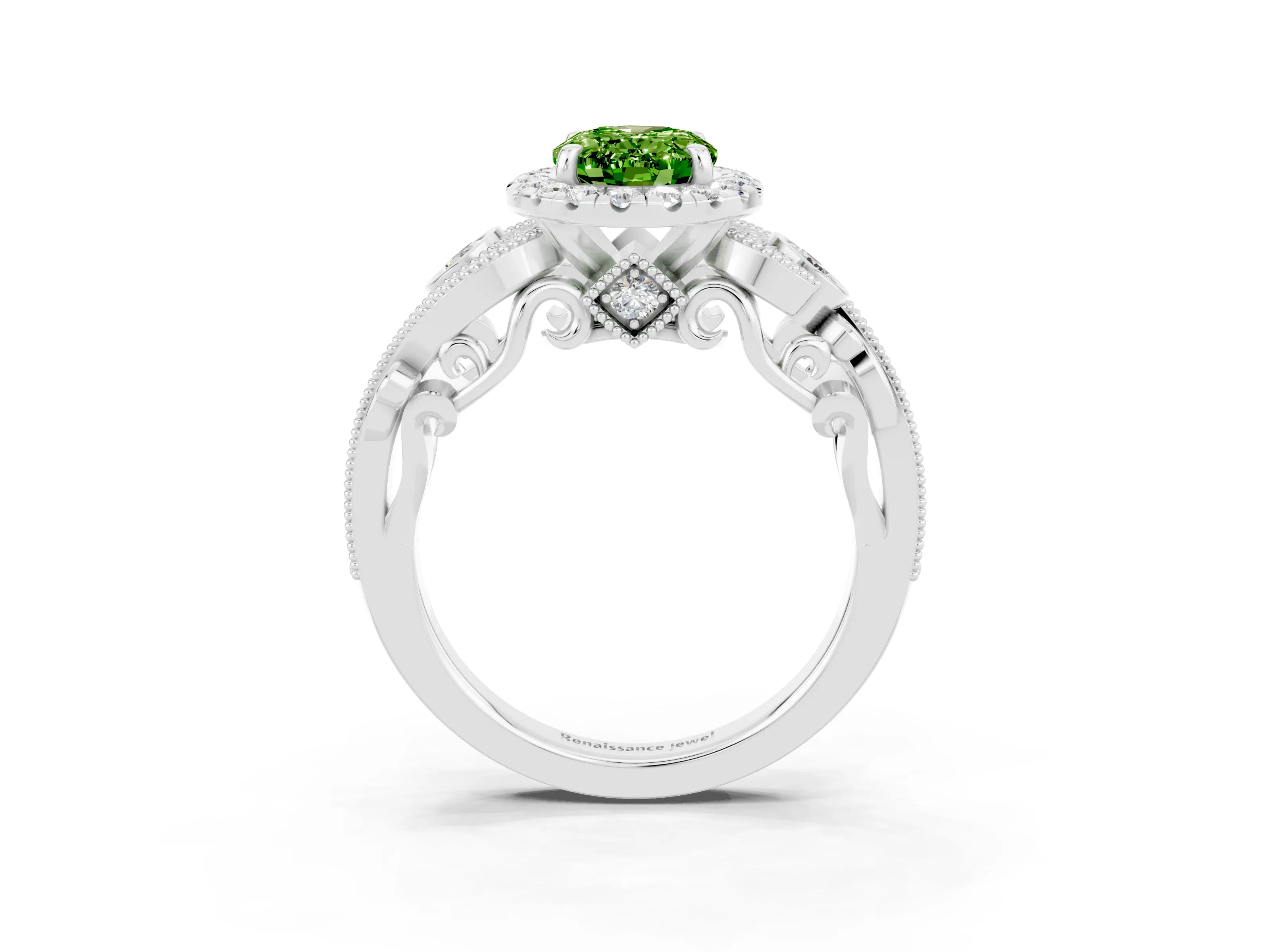 White gold Oval Cut Peridot Halo Ring with Milgrain Pavé Band and Four-Prong Setting_15