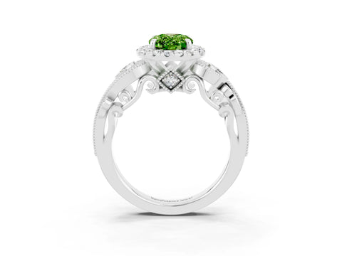 White gold Oval Cut Peridot Halo Ring with Milgrain Pavé Band and Four-Prong Setting_15