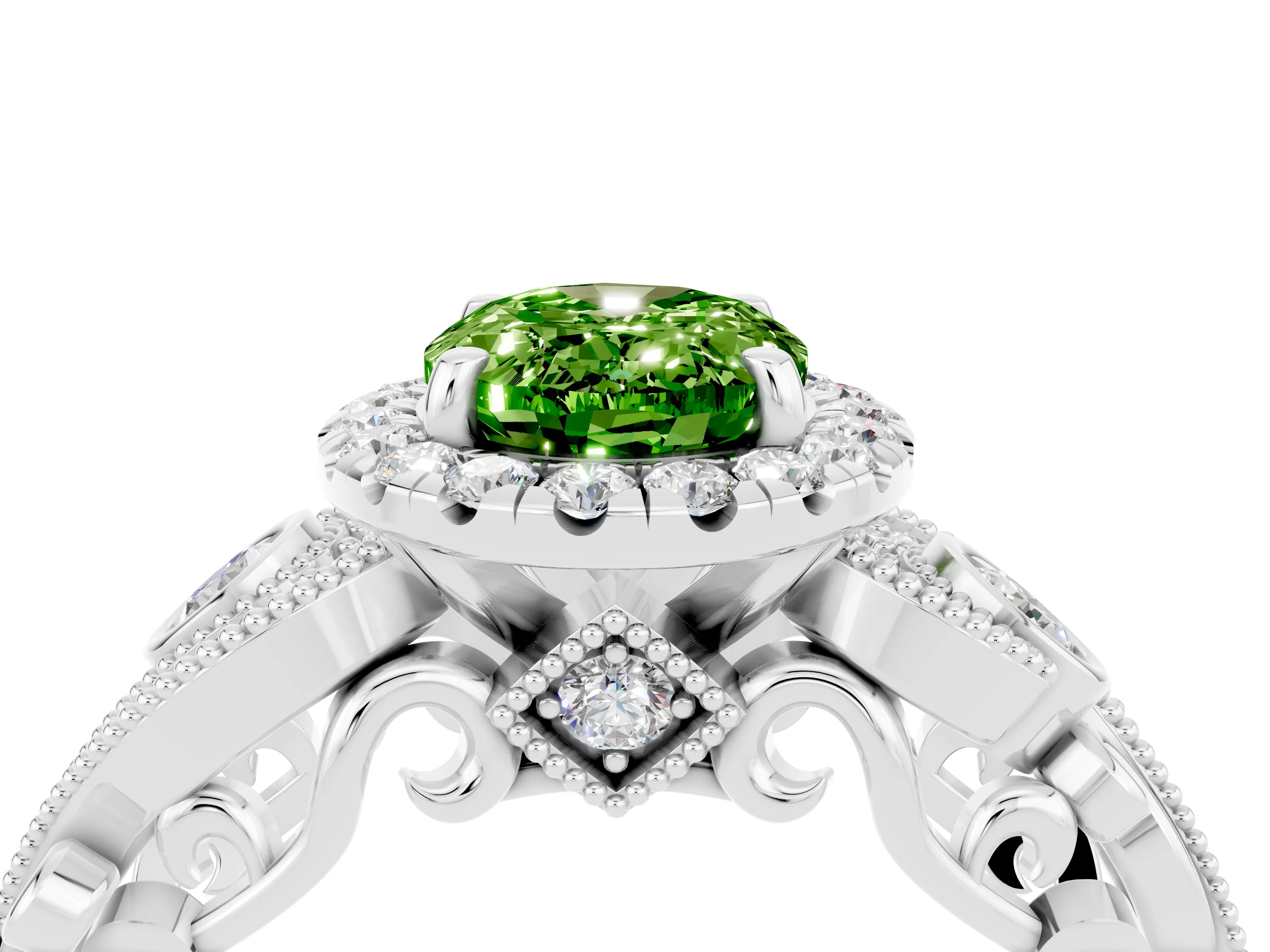 White gold Oval Cut Peridot Halo Ring with Milgrain Pavé Band and Four-Prong Setting_16