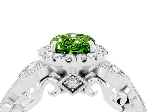 White gold Oval Cut Peridot Halo Ring with Milgrain Pavé Band and Four-Prong Setting_16