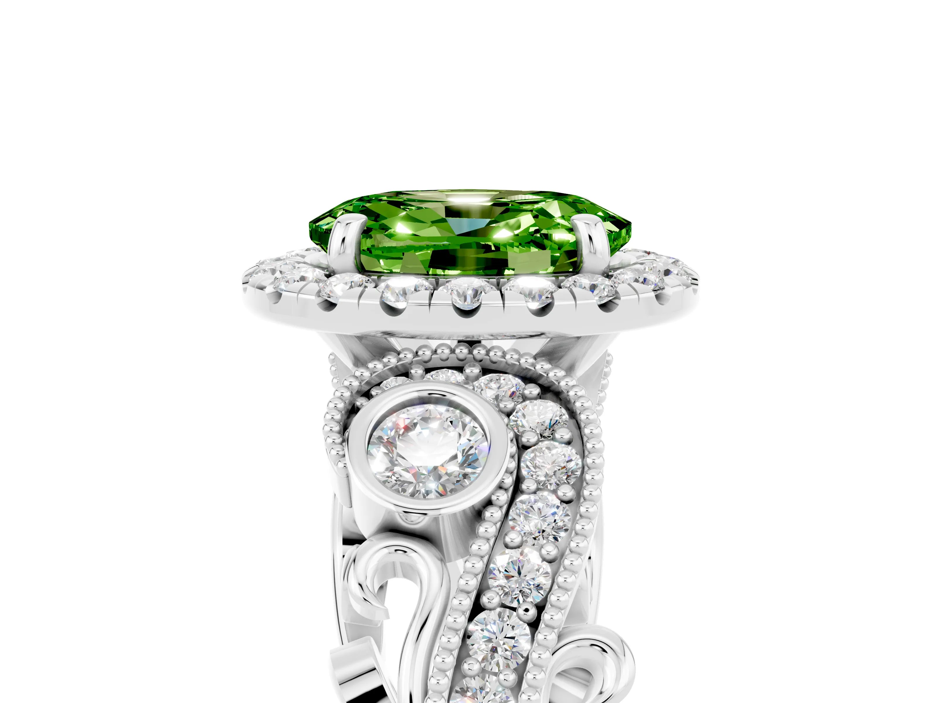 White gold Oval Cut Peridot Halo Ring with Milgrain Pavé Band and Four-Prong Setting_17