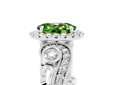 White gold Oval Cut Peridot Halo Ring with Milgrain Pavé Band and Four-Prong Setting_17
