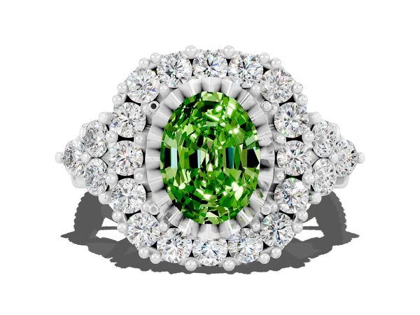 Platinum Oval Cut Peridot Halo Ring with Pavé Band and Four-Prong Setting