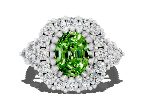 White gold Oval Cut Peridot Halo Ring with Pavé Band and Four-Prong Setting_12