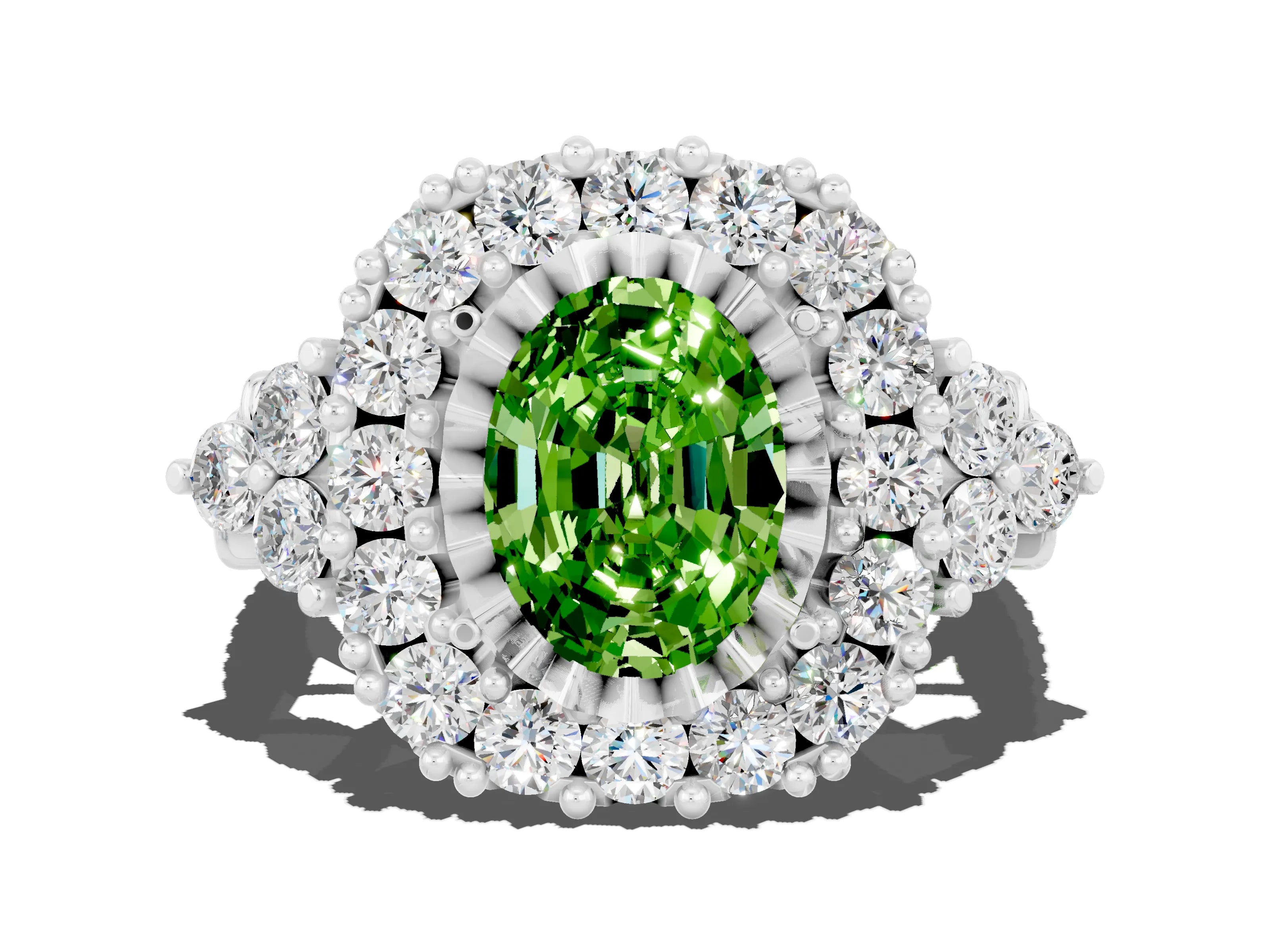 White gold Oval Cut Peridot Halo Ring with Pavé Band and Four-Prong Setting_12
