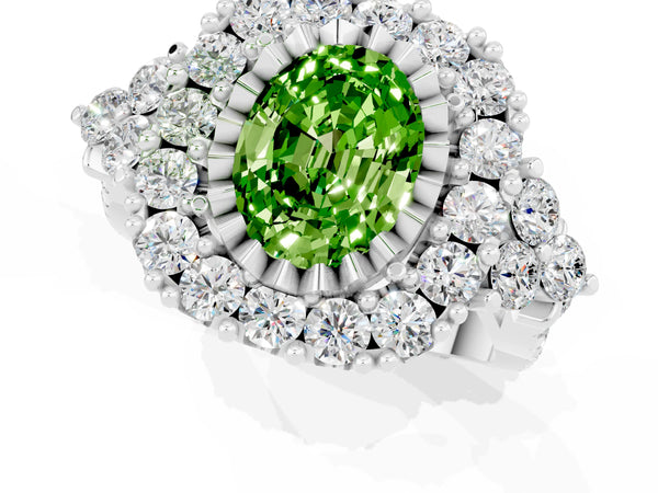 Platinum Oval Cut Peridot Halo Ring with Pavé Band and Four-Prong Setting