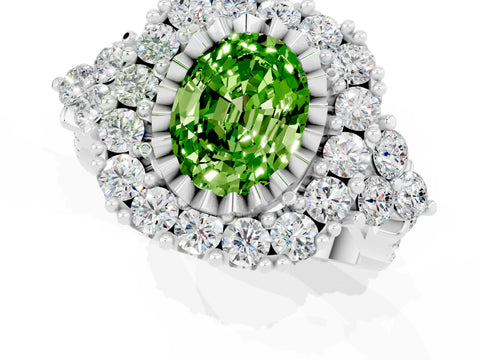 White gold Oval Cut Peridot Halo Ring with Pavé Band and Four-Prong Setting_13