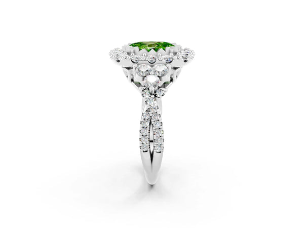 Silver Oval Cut Peridot Halo Ring with Pavé Band and Four-Prong Setting