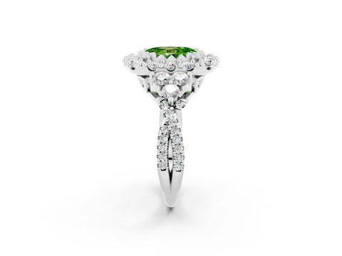 White gold Oval Cut Peridot Halo Ring with Pavé Band and Four-Prong Setting_14