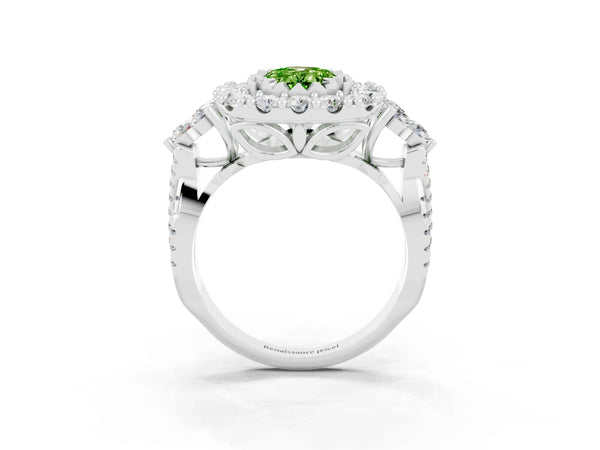 White gold Oval Cut Peridot Halo Ring with Pavé Band and Four-Prong Setting