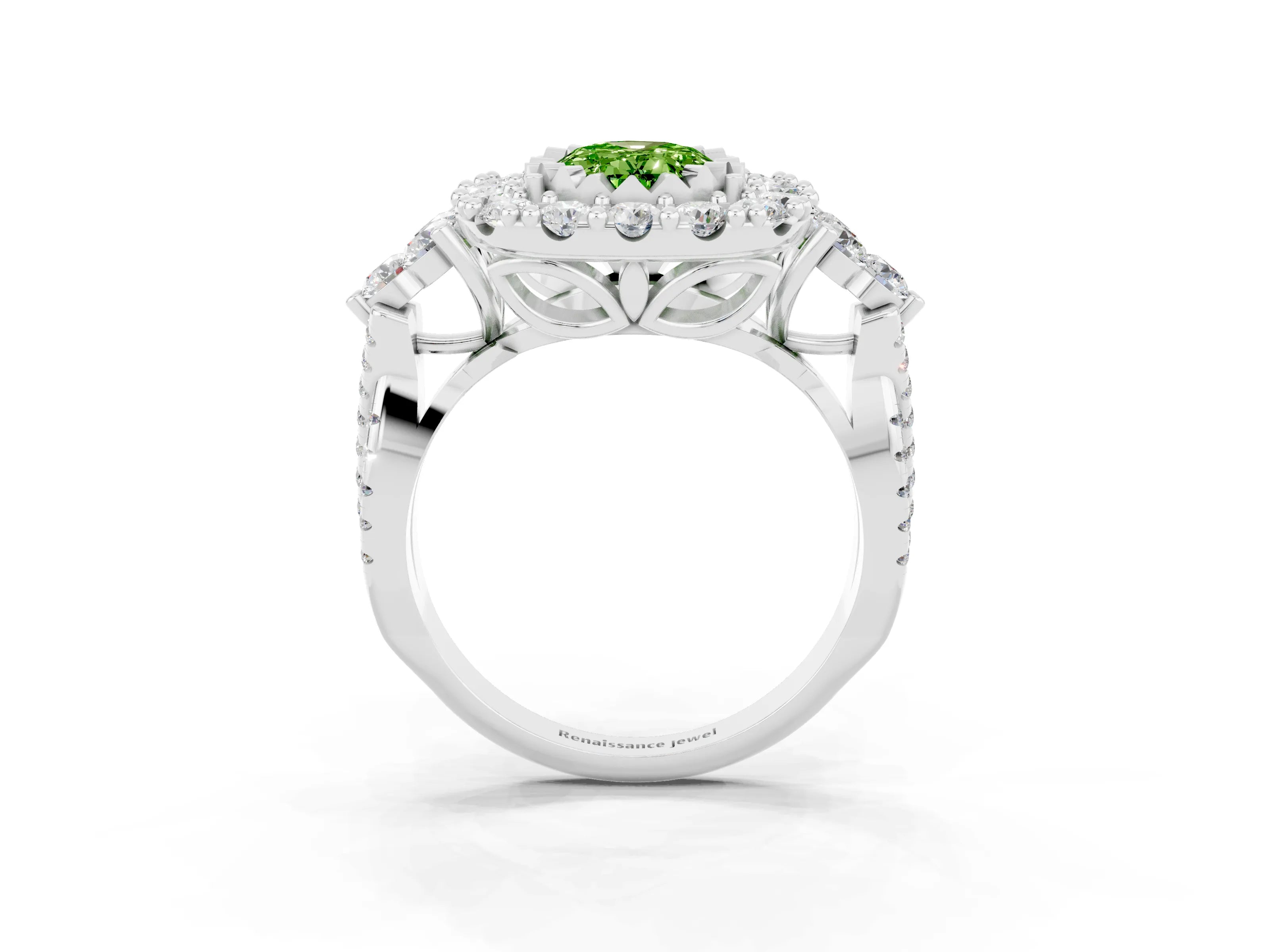 White gold Oval Cut Peridot Halo Ring with Pavé Band and Four-Prong Setting_15