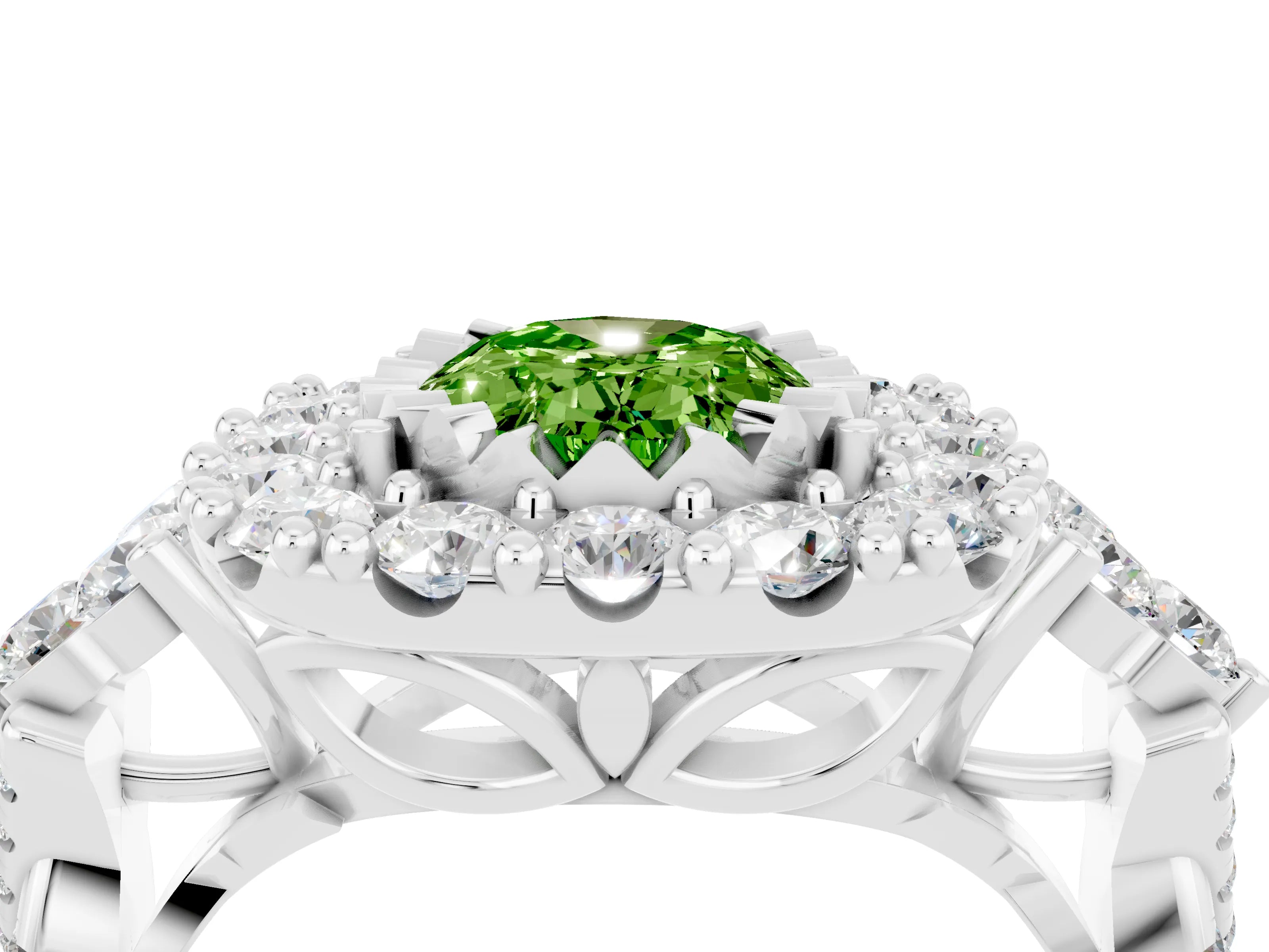 White gold Oval Cut Peridot Halo Ring with Pavé Band and Four-Prong Setting_16