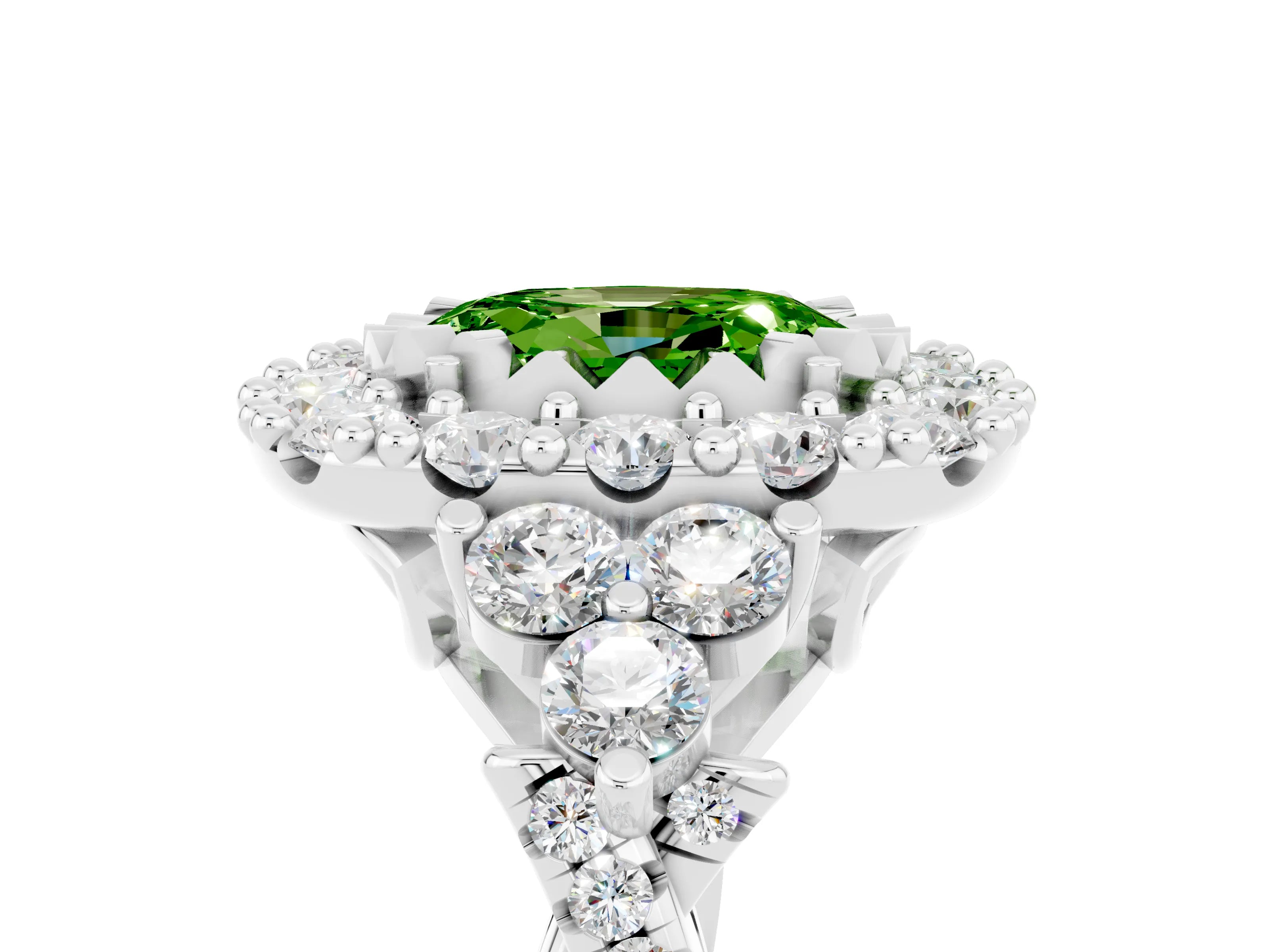 White gold Oval Cut Peridot Halo Ring with Pavé Band and Four-Prong Setting_17