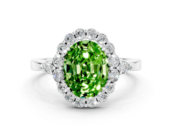 Silver Oval Cut Peridot Halo Ring with Pear Side Stones and Prong Setting