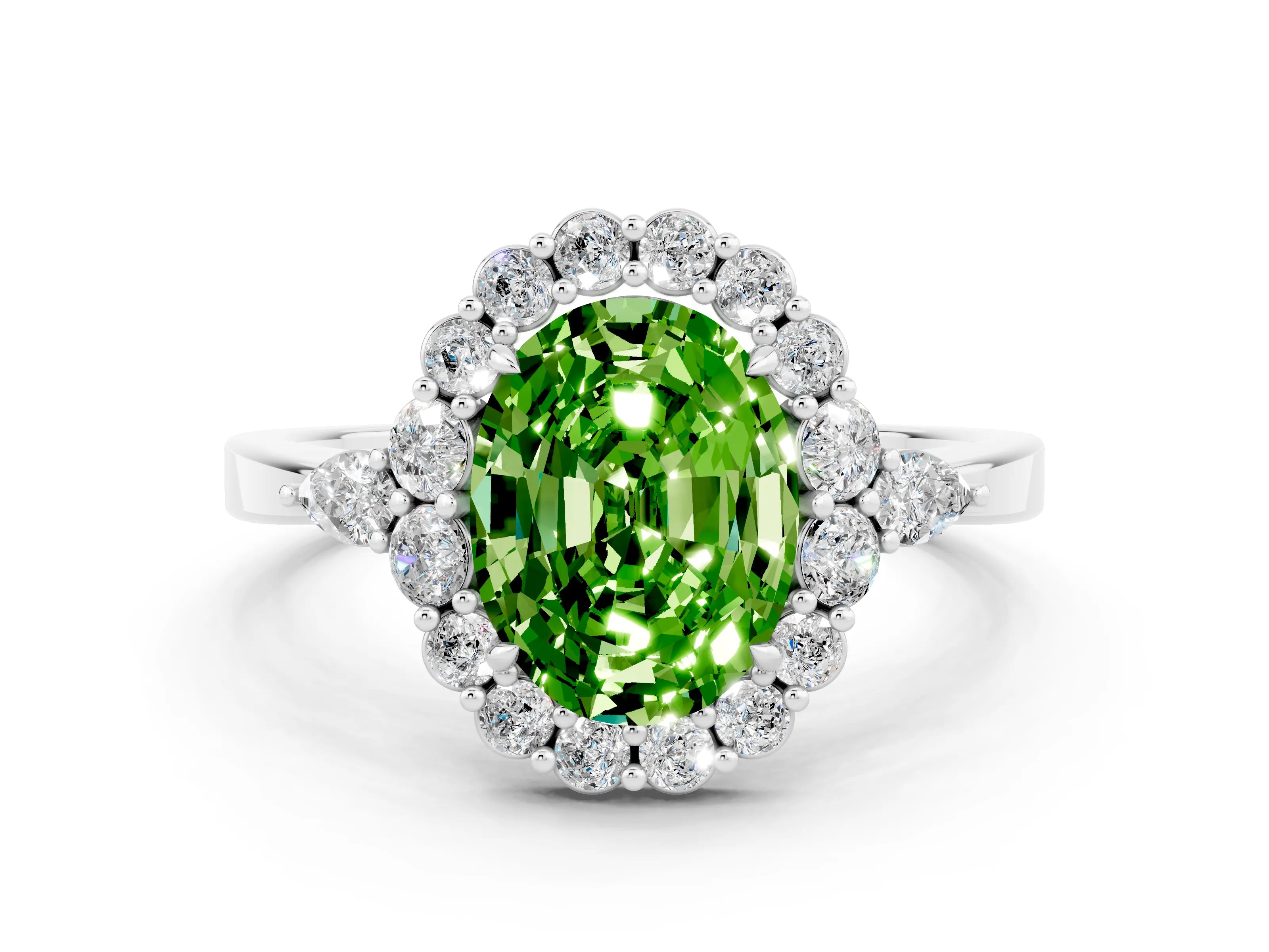 White gold Oval Cut Peridot Halo Ring with Pear Side Stones and Prong Setting_24