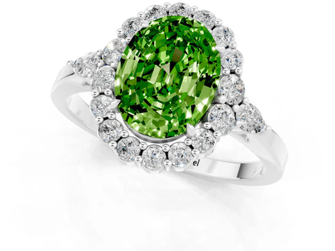 White gold Oval Cut Peridot Halo Ring with Pear Side Stones and Prong Setting_25