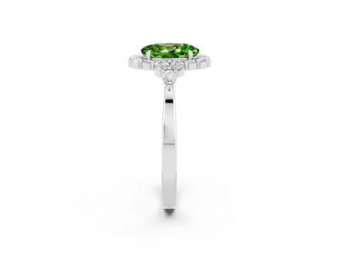 White gold Oval Cut Peridot Halo Ring with Pear Side Stones and Prong Setting_26