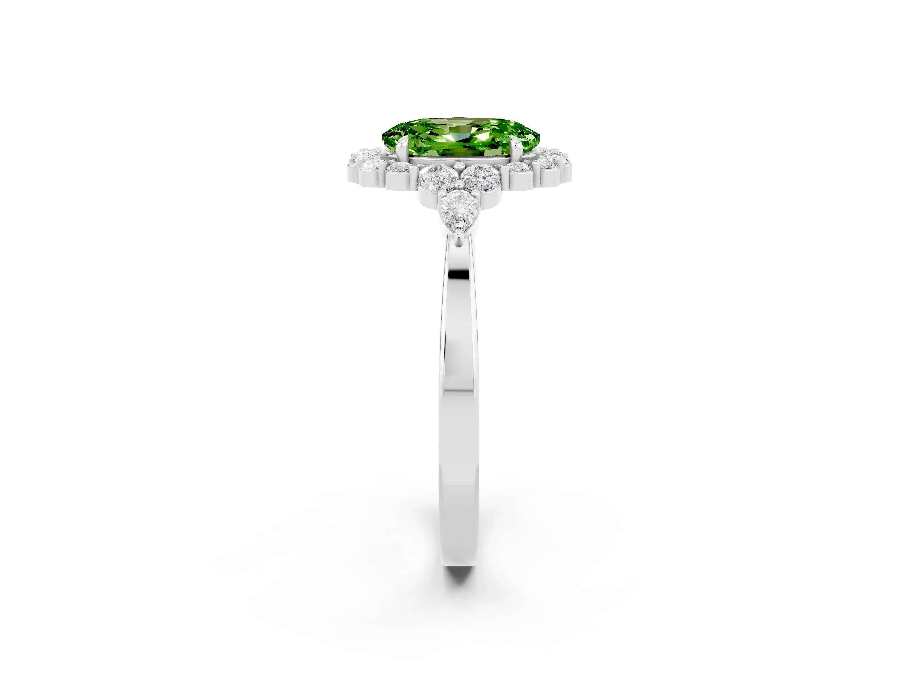 White gold Oval Cut Peridot Halo Ring with Pear Side Stones and Prong Setting_26
