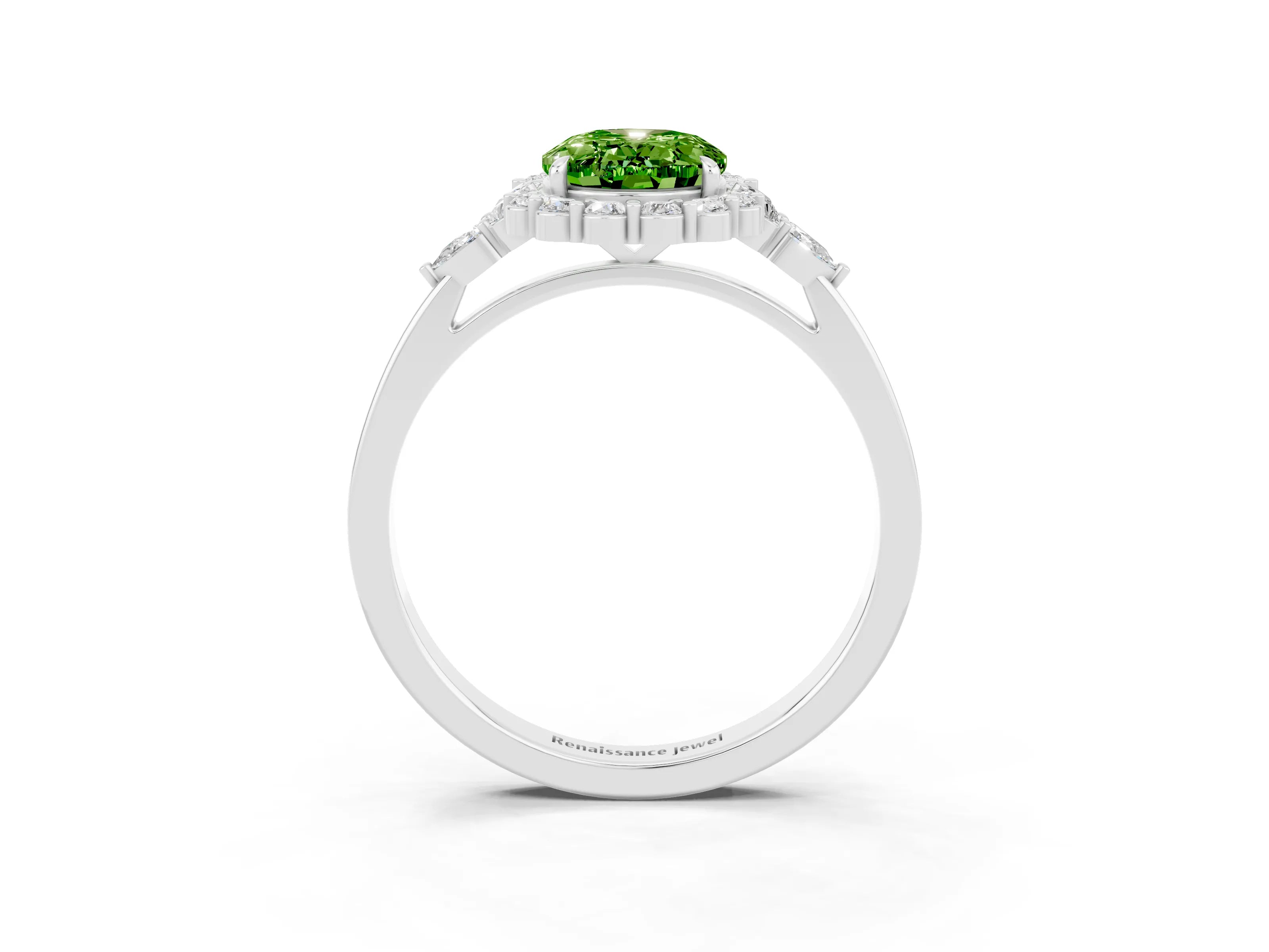 White gold Oval Cut Peridot Halo Ring with Pear Side Stones and Prong Setting_27