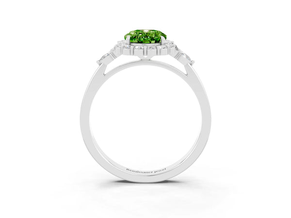 Silver Oval Cut Peridot Halo Ring with Pear Side Stones and Prong Setting