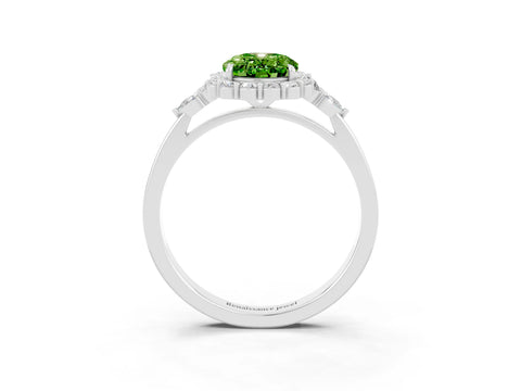 White gold Oval Cut Peridot Halo Ring with Pear Side Stones and Prong Setting_27
