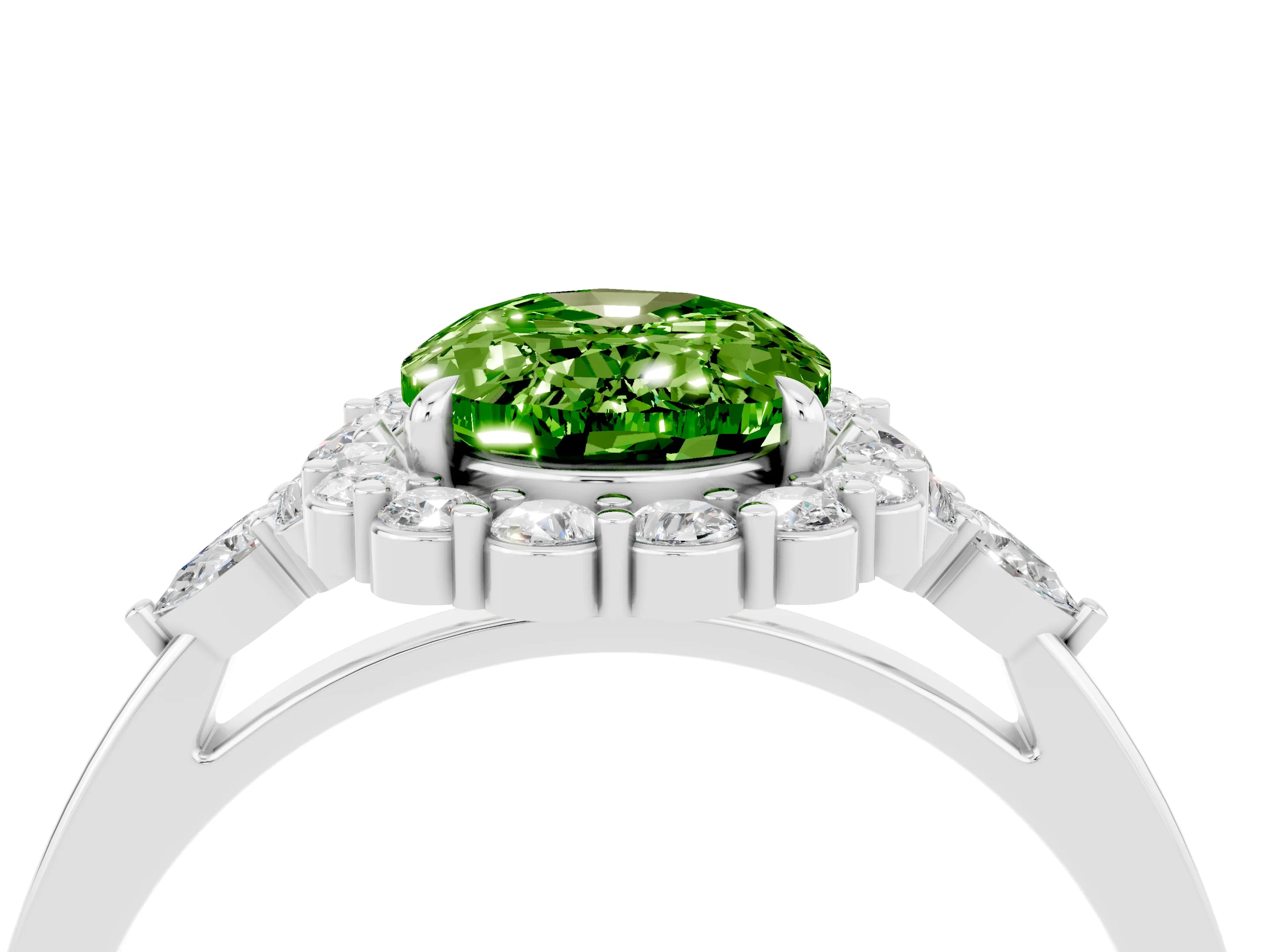 White gold Oval Cut Peridot Halo Ring with Pear Side Stones and Prong Setting_28