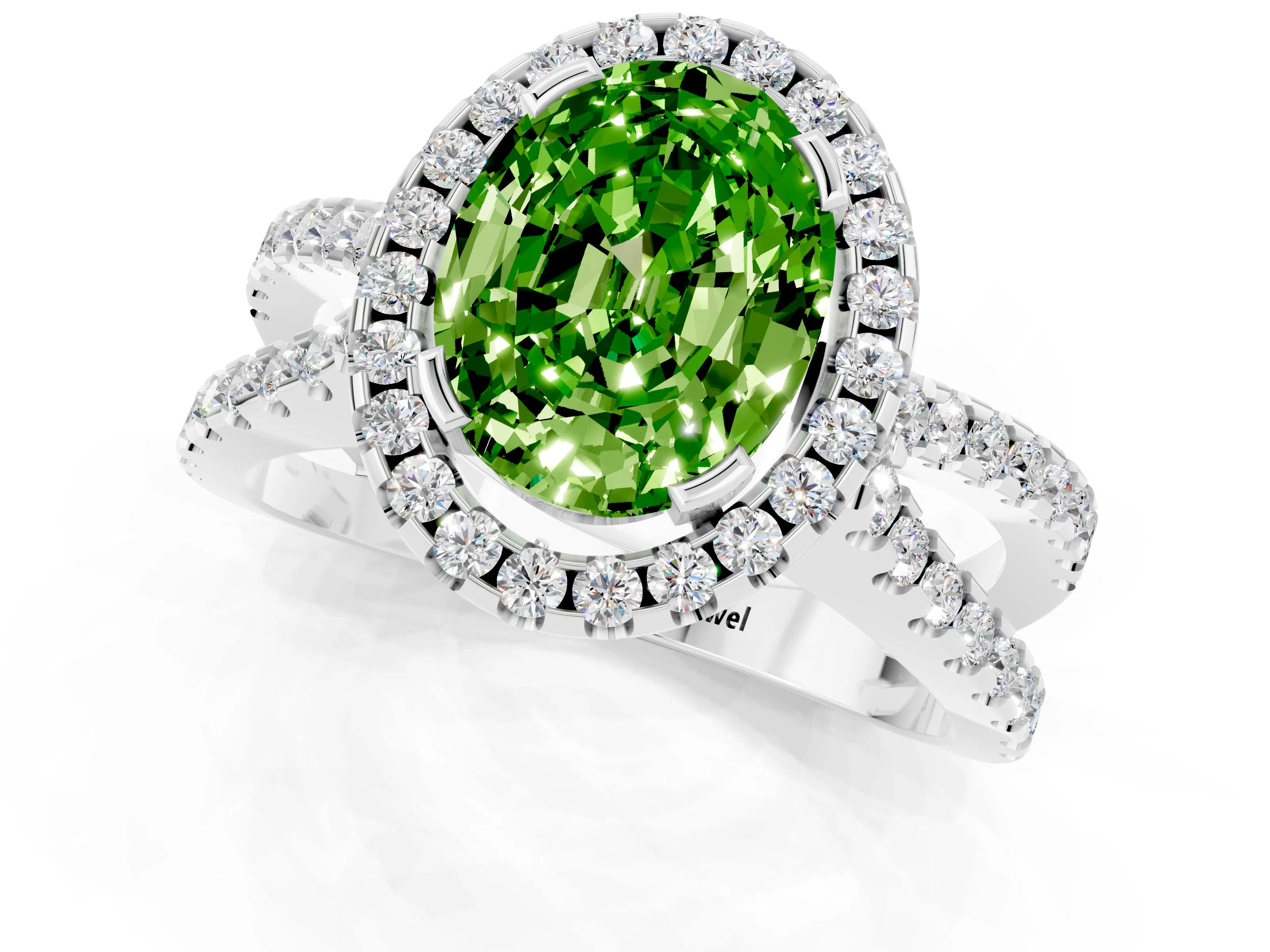 White gold Oval Cut Peridot Halo Ring with Split Shank Pavé Band and Prong Setting_1