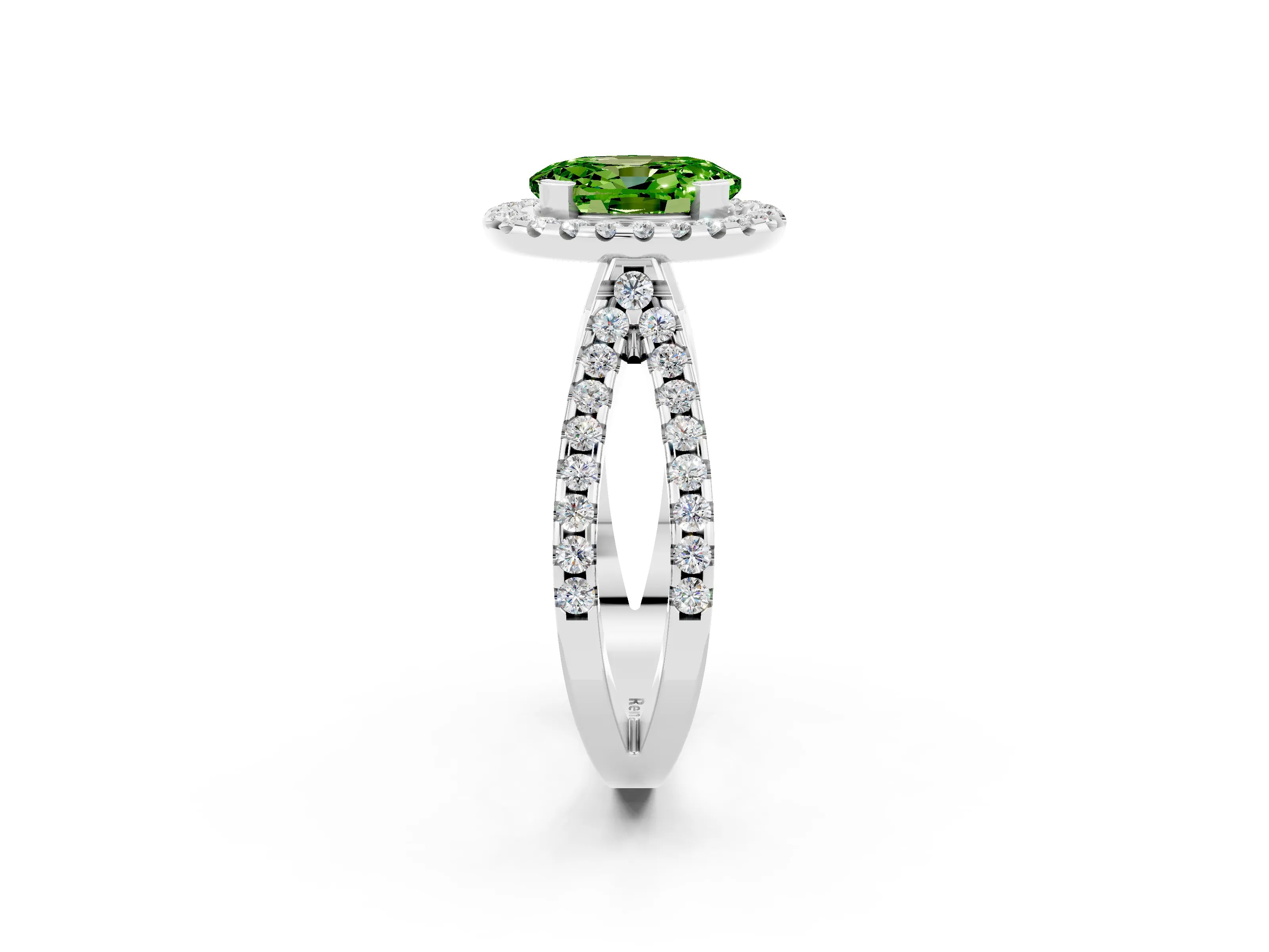 White gold Oval Cut Peridot Halo Ring with Split Shank Pavé Band and Prong Setting_2