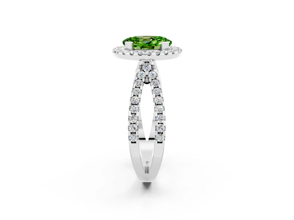 White gold Oval Cut Peridot Halo Ring with Split Shank Pavé Band and Prong Setting