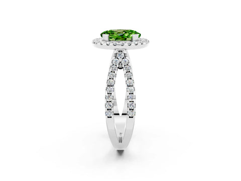 White gold Oval Cut Peridot Halo Ring with Split Shank Pavé Band and Prong Setting_2