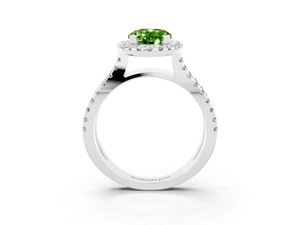White gold Oval Cut Peridot Halo Ring with Split Shank Pavé Band and Prong Setting