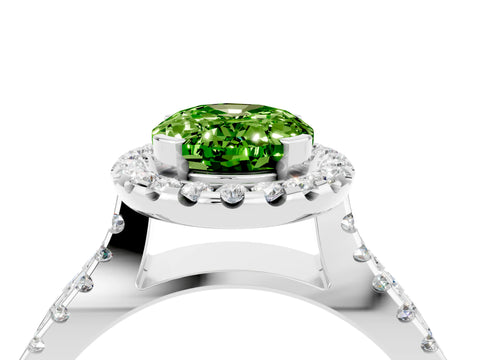White gold Oval Cut Peridot Halo Ring with Split Shank Pavé Band and Prong Setting_4