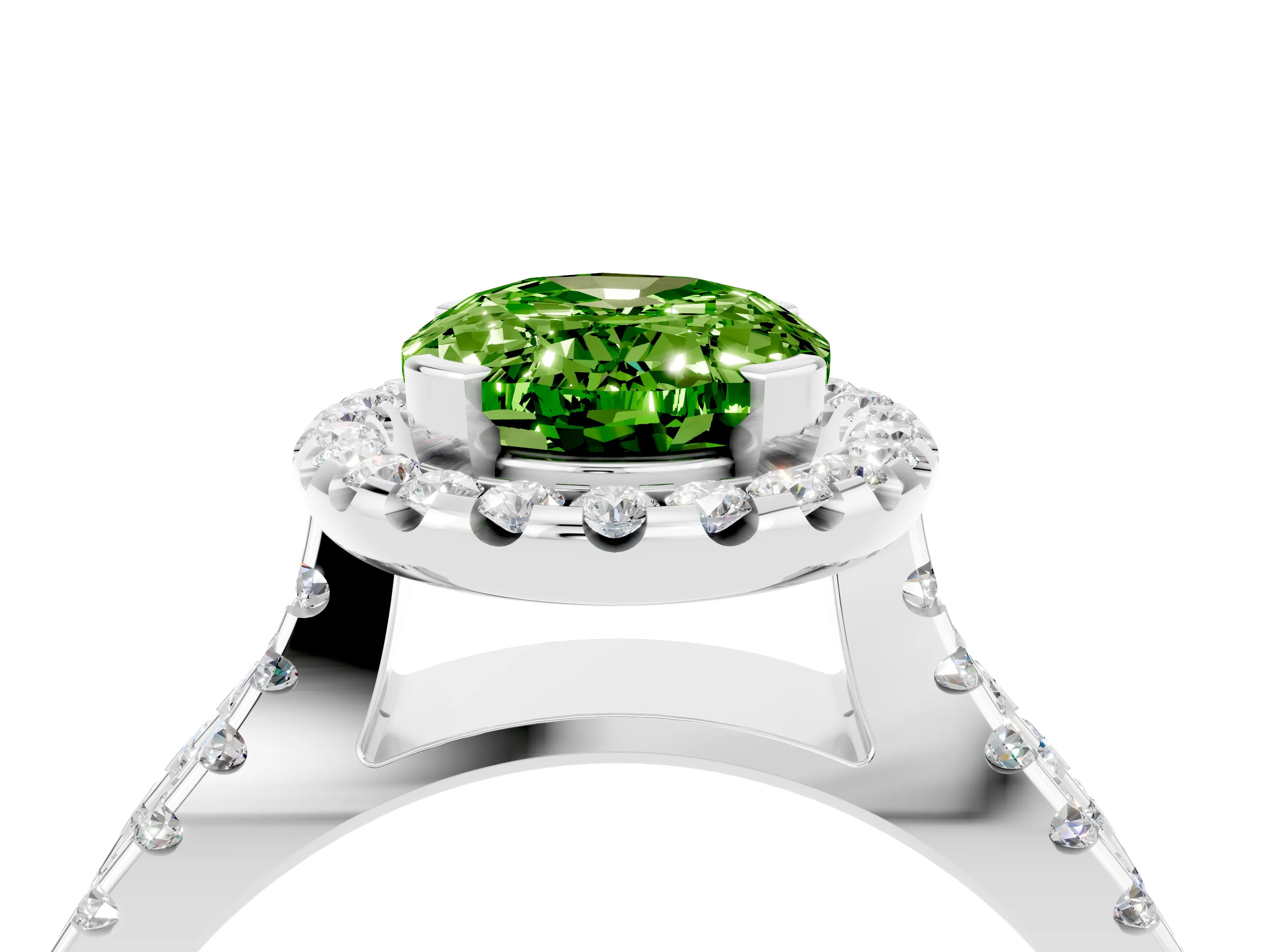 White gold Oval Cut Peridot Halo Ring with Split Shank Pavé Band and Prong Setting_4
