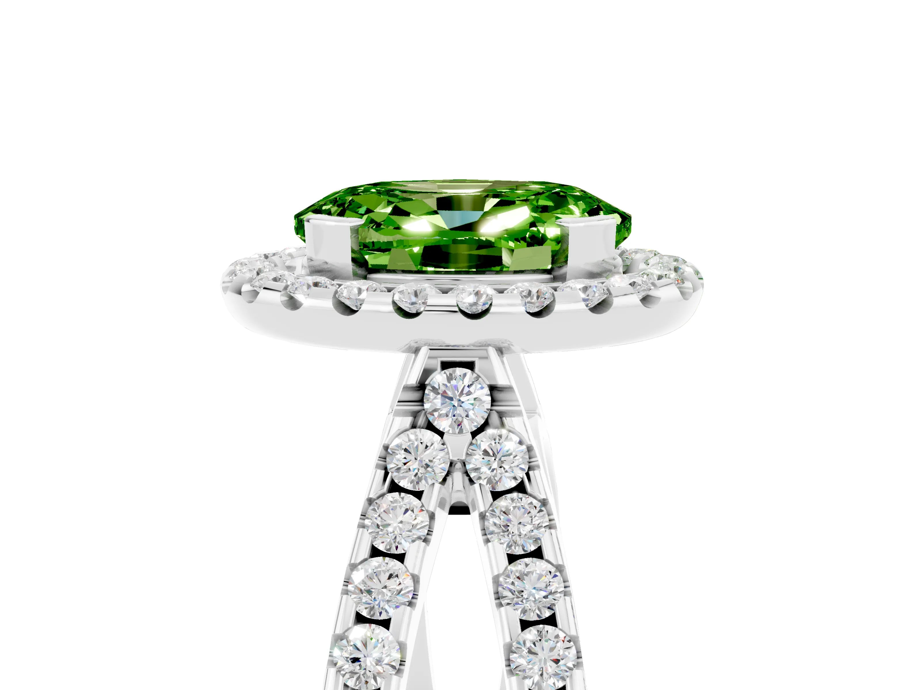 White gold Oval Cut Peridot Halo Ring with Split Shank Pavé Band and Prong Setting_5