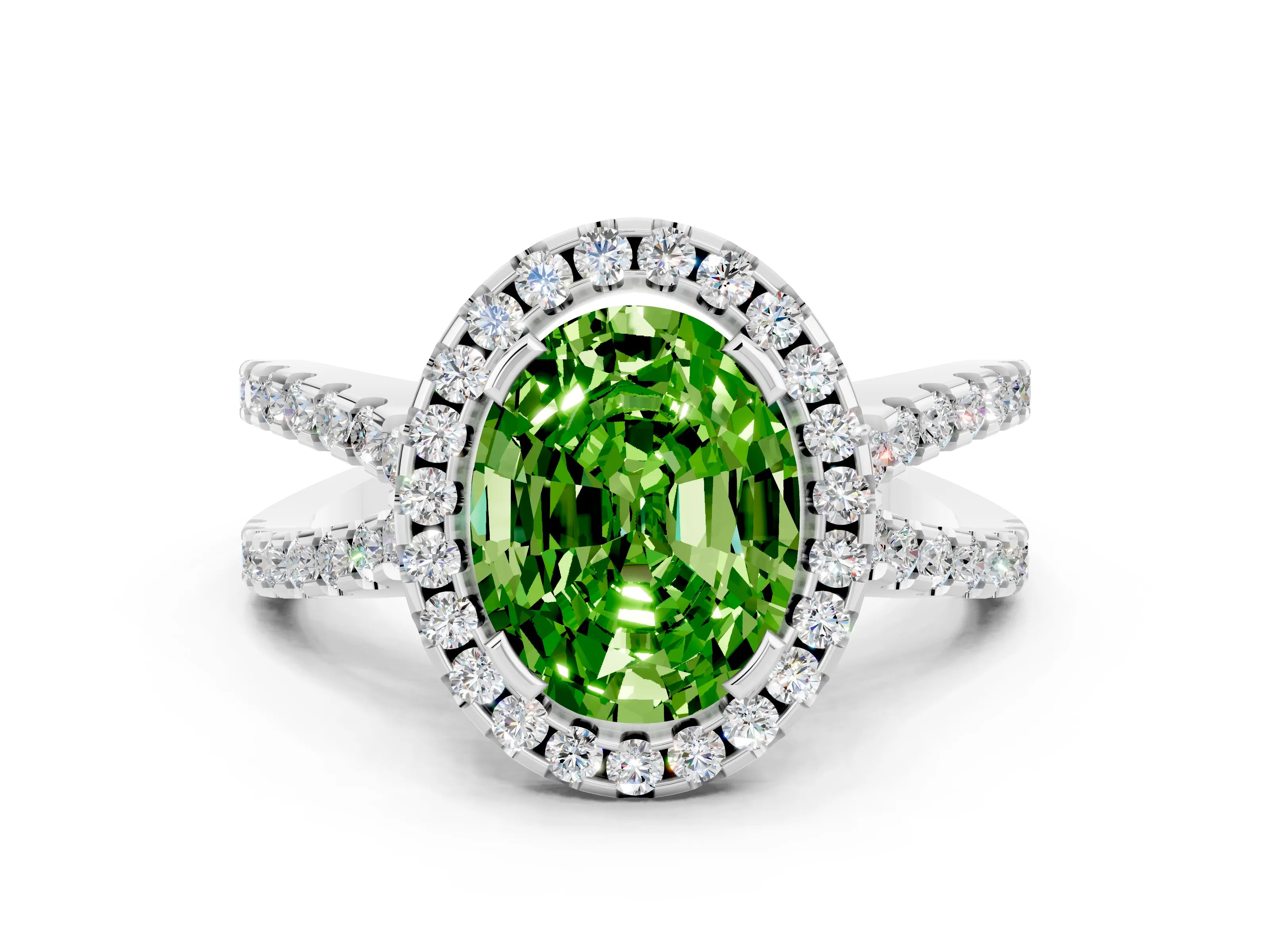 White gold Oval Cut Peridot Halo Ring with Split Shank Pavé Band and Prong Setting
