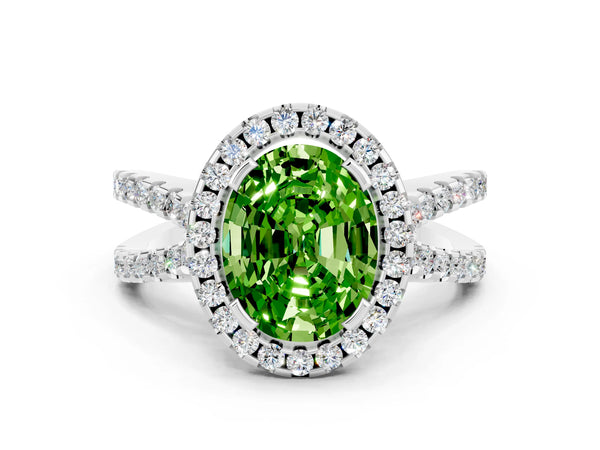 White gold Oval Cut Peridot Halo Ring with Split Shank Pavé Band and Prong Setting
