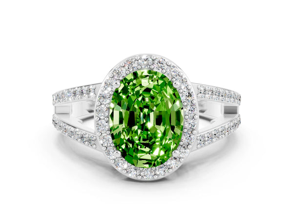 Platinum Oval Cut Peridot Halo Ring with Split Shank U-Prong Band and Four-Prong Setting