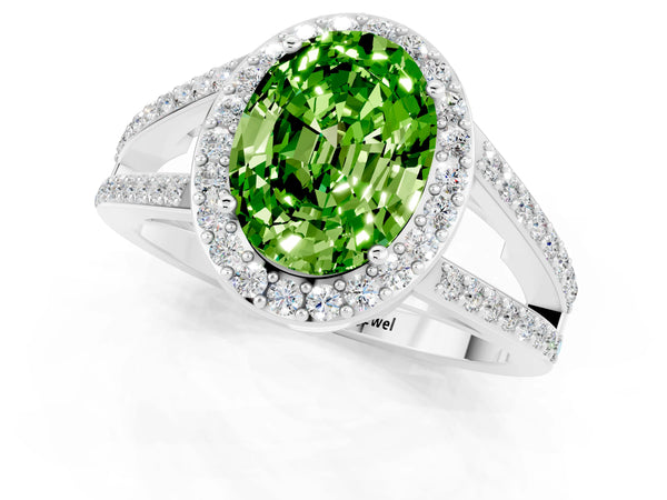 White gold Oval Cut Peridot Halo Ring with Split Shank U-Prong Band and Four-Prong Setting