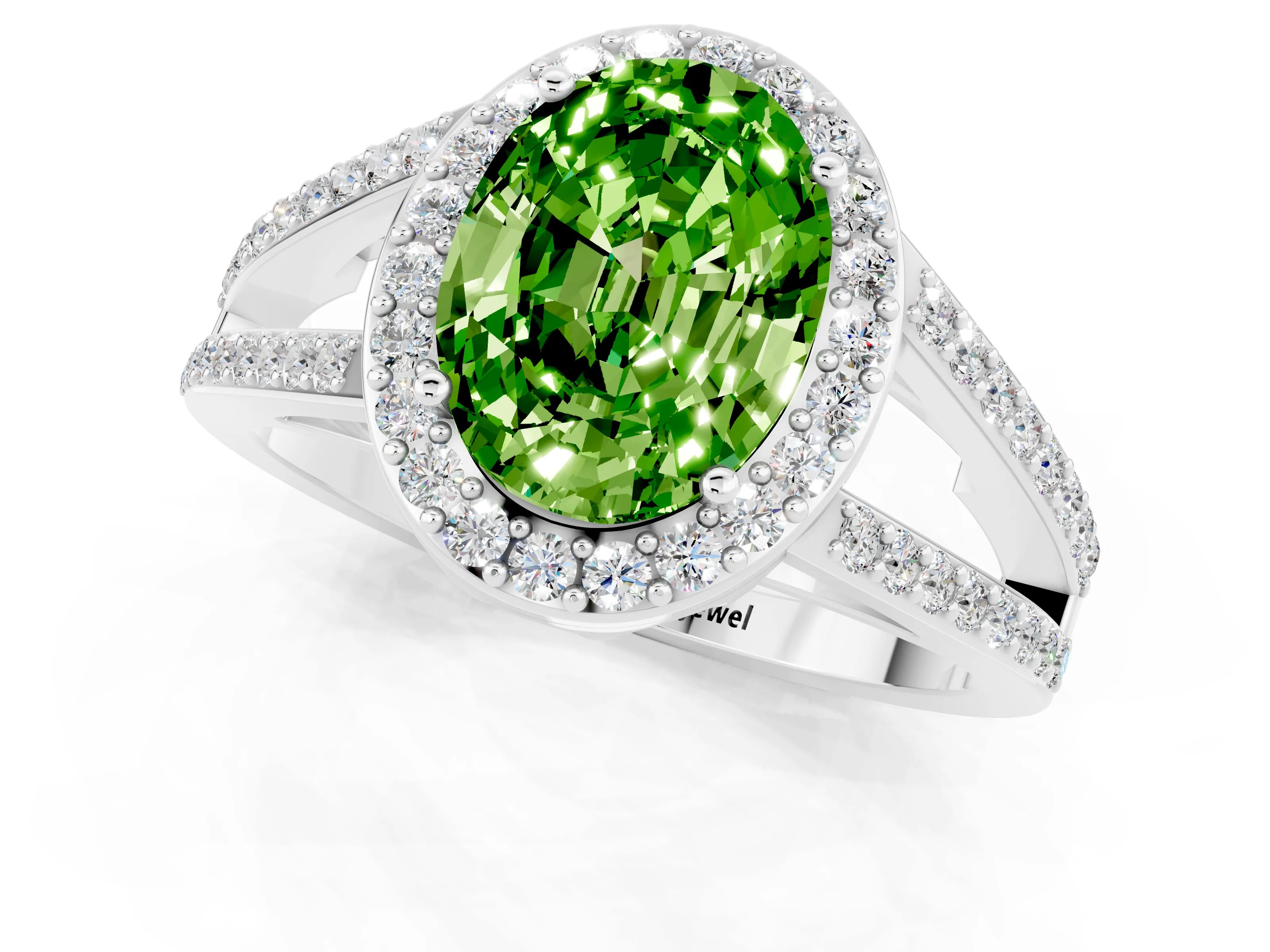 White gold Oval Cut Peridot Halo Ring with Split Shank U-Prong Band and Four-Prong Setting_1