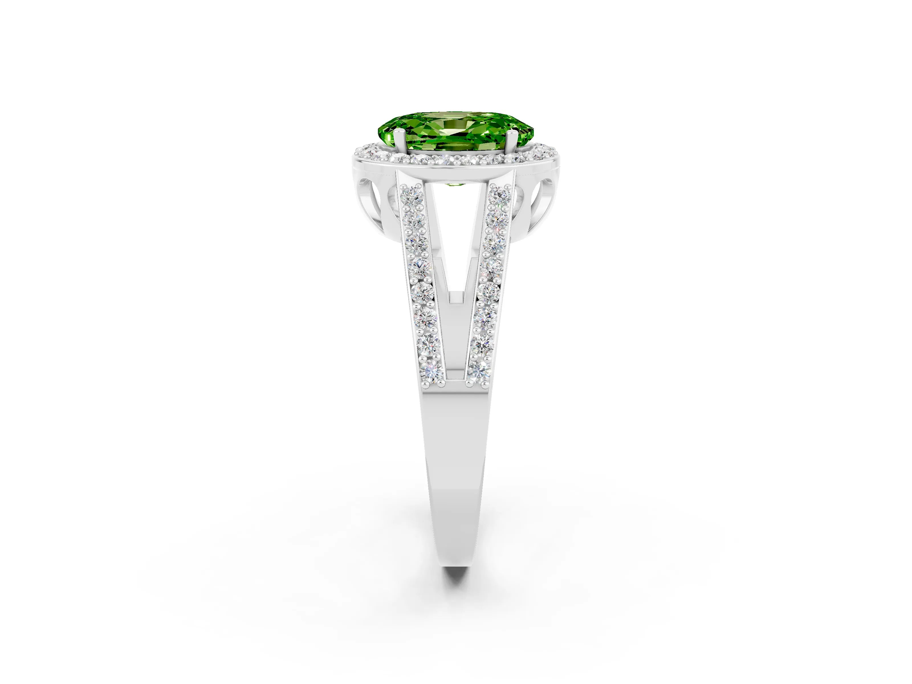 White gold Oval Cut Peridot Halo Ring with Split Shank U-Prong Band and Four-Prong Setting_2