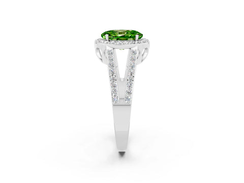White gold Oval Cut Peridot Halo Ring with Split Shank U-Prong Band and Four-Prong Setting_2