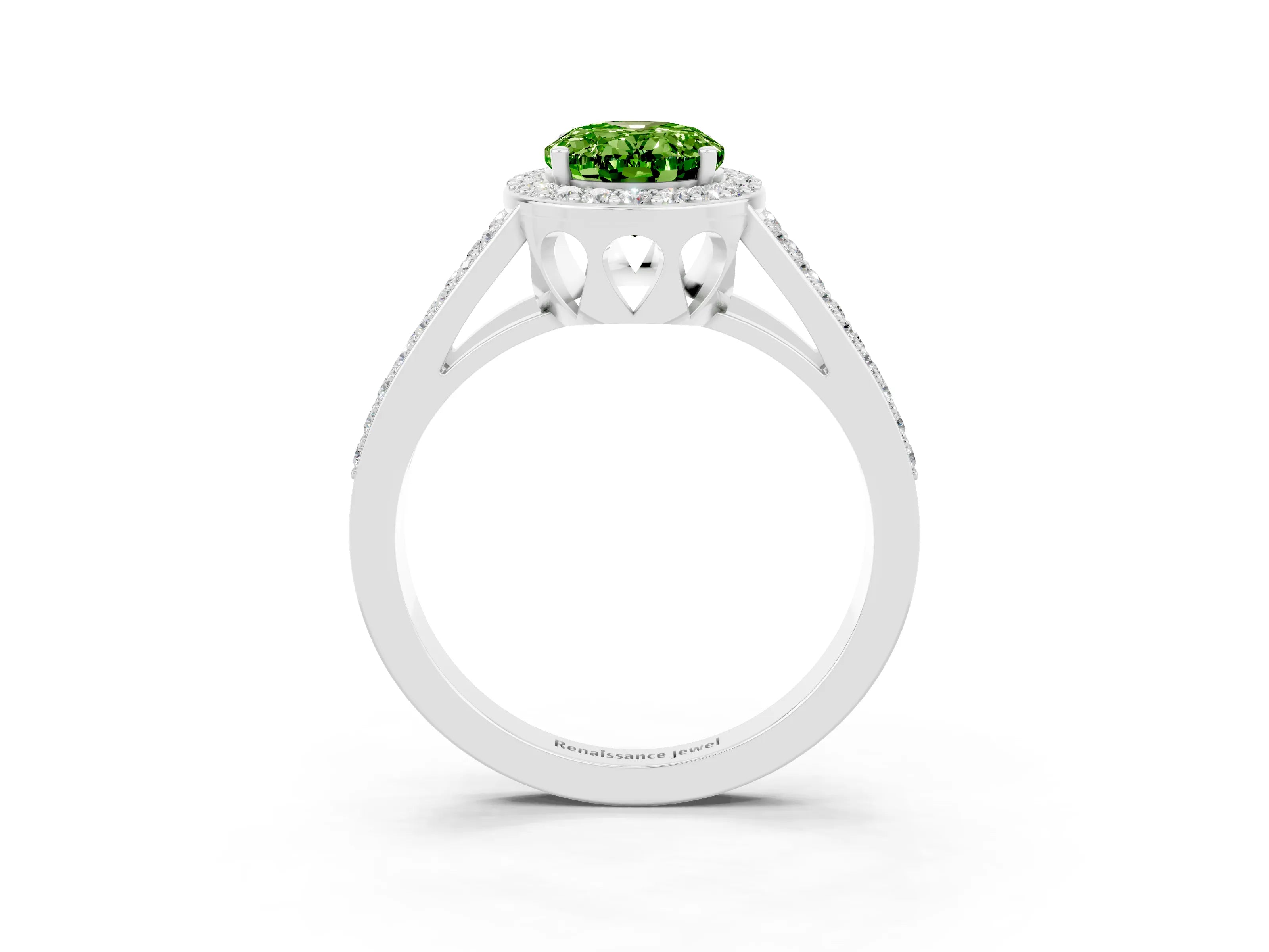 White gold Oval Cut Peridot Halo Ring with Split Shank U-Prong Band and Four-Prong Setting_3