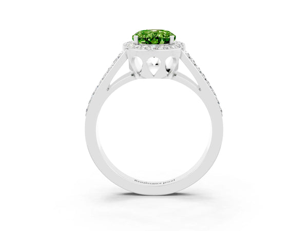 Silver Oval Cut Peridot Halo Ring with Split Shank U-Prong Band and Four-Prong Setting