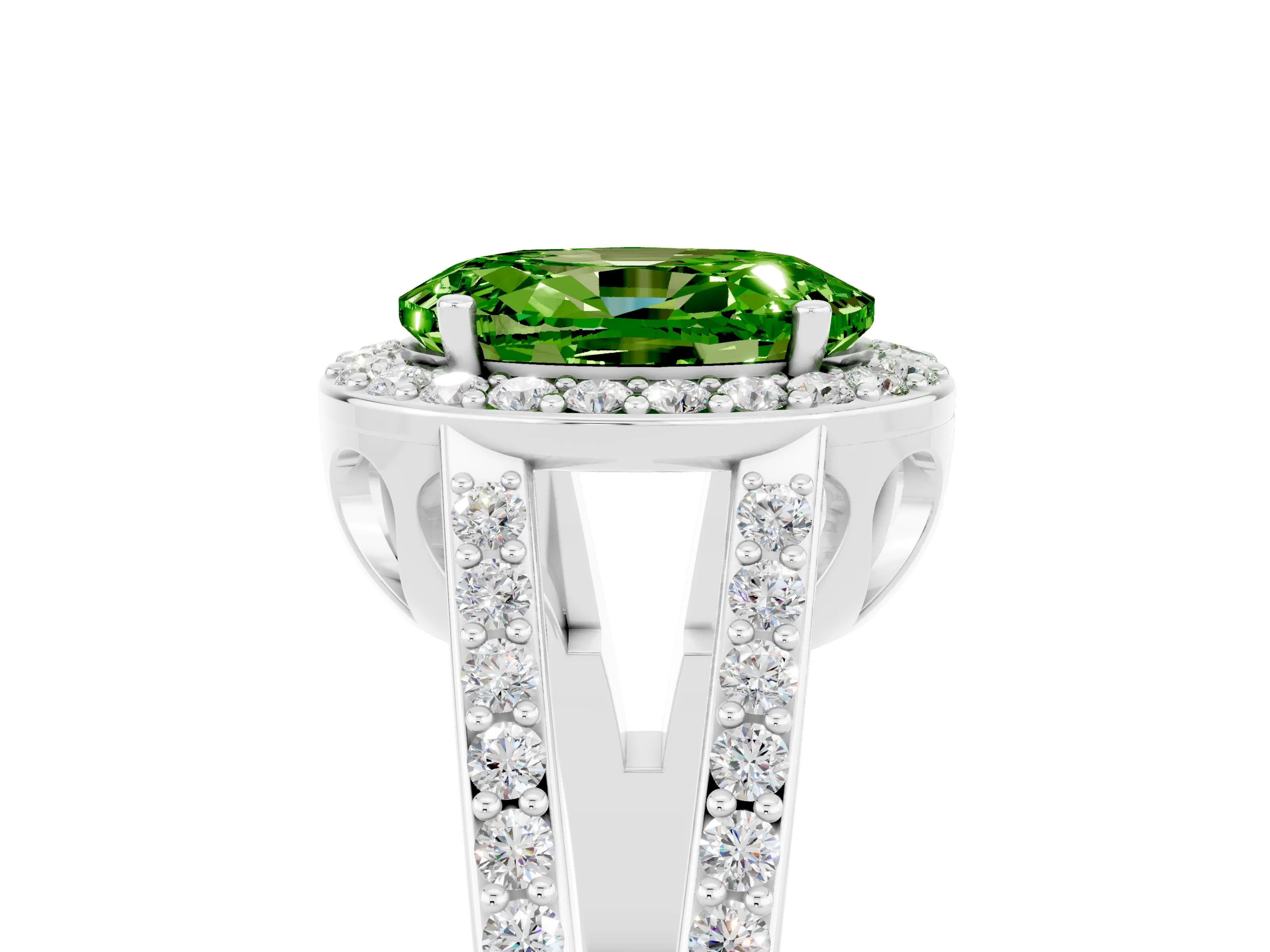 White gold Oval Cut Peridot Halo Ring with Split Shank U-Prong Band and Four-Prong Setting_5