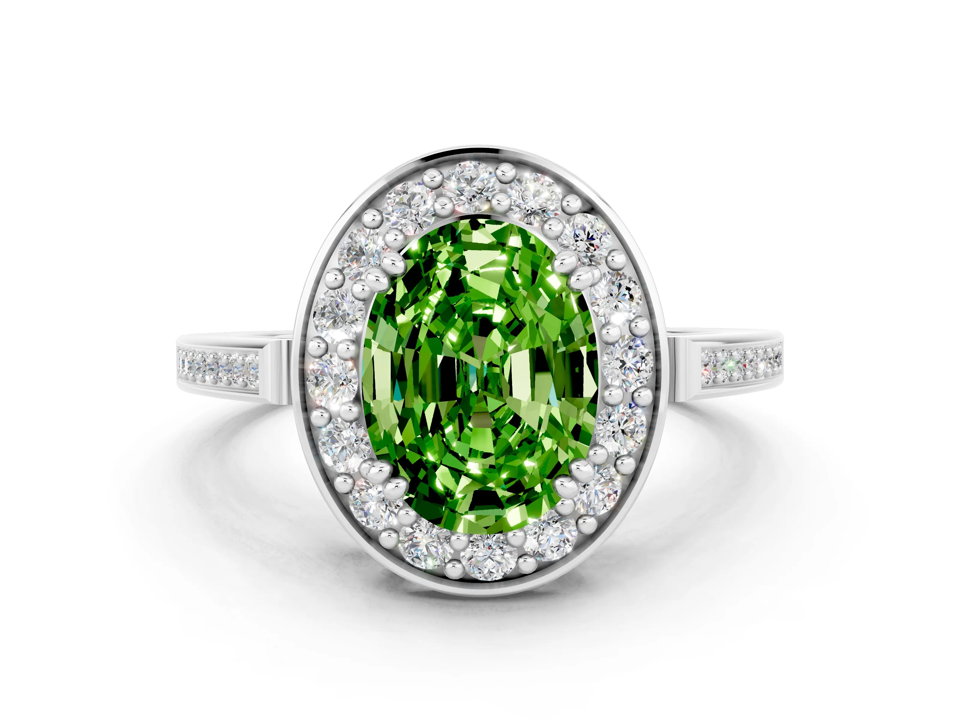 White gold Oval Cut Peridot Halo Ring with Split Shank and Four-Prong Setting