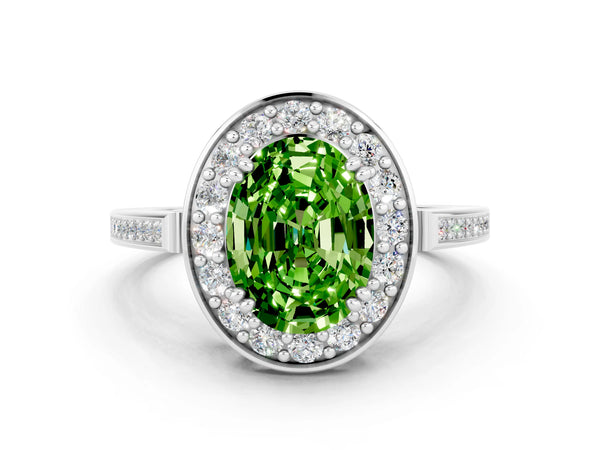 White gold Oval Cut Peridot Halo Ring with Split Shank and Four-Prong Setting
