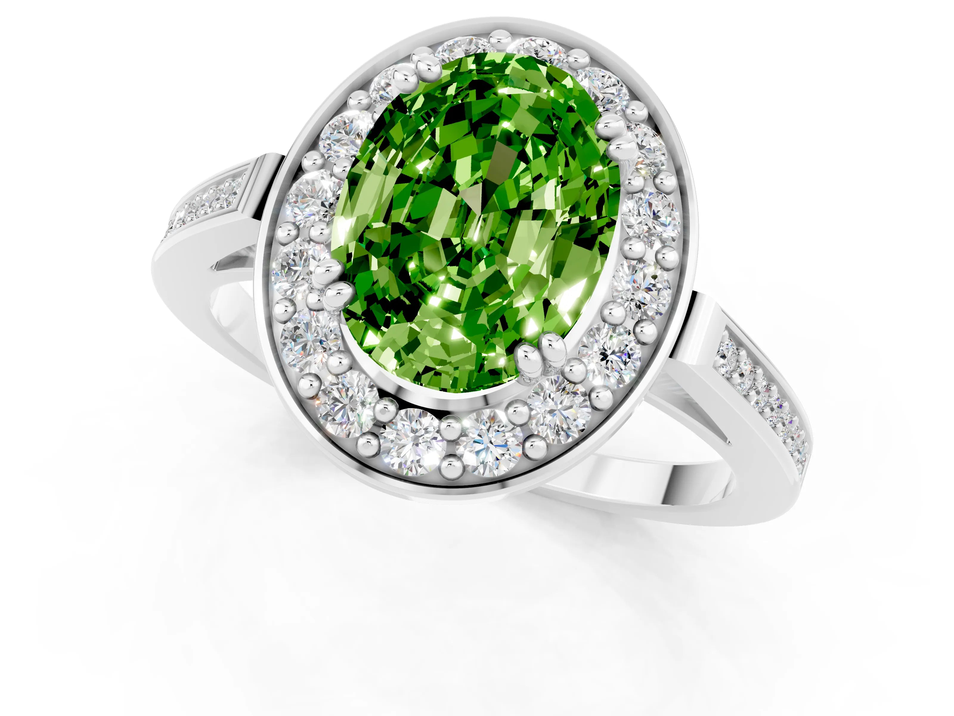 White gold Oval Cut Peridot Halo Ring with Split Shank and Four-Prong Setting_13