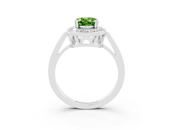 Platinum Oval Cut Peridot Halo Ring with Split Shank and Four-Prong Setting
