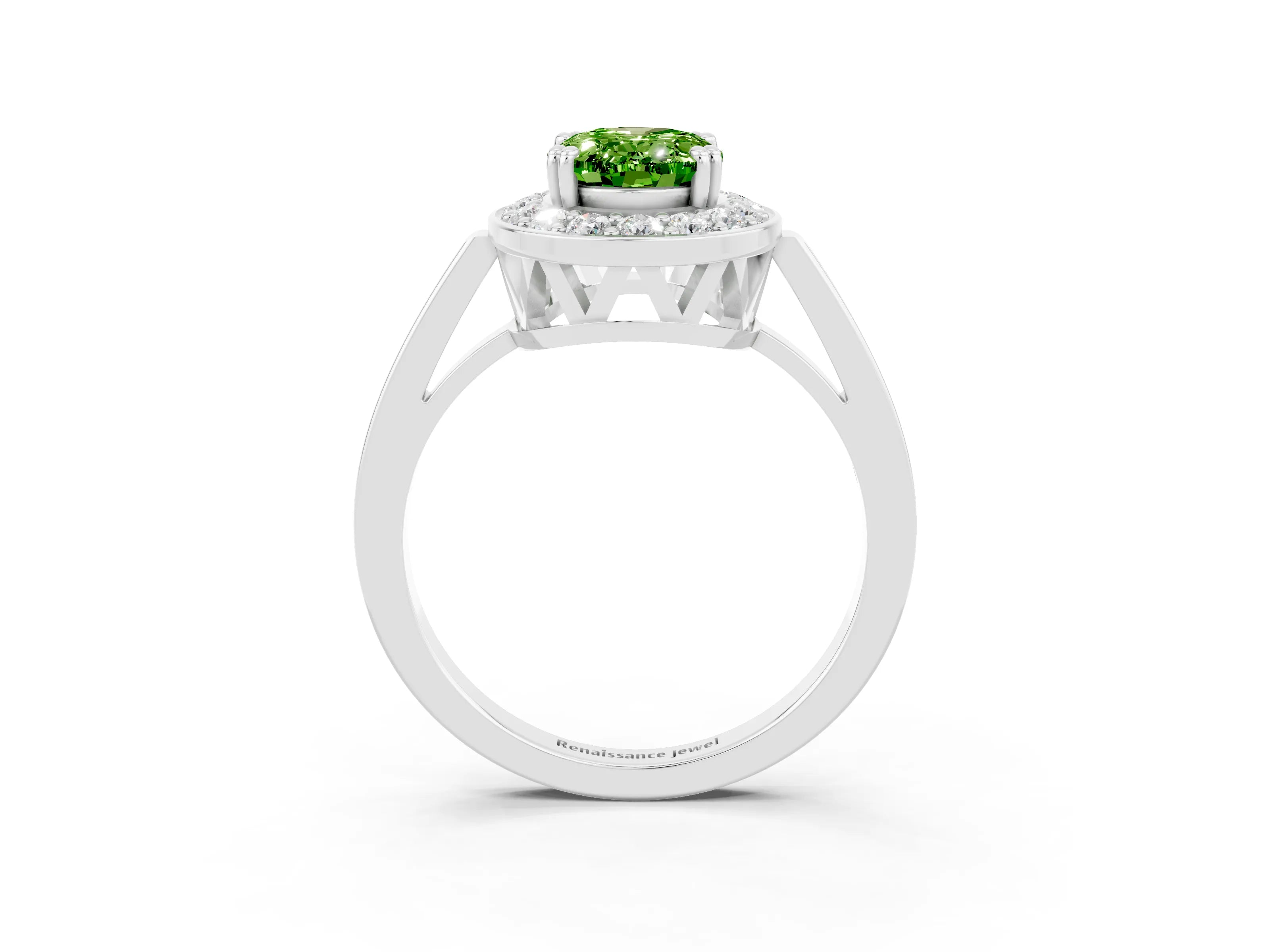 White gold Oval Cut Peridot Halo Ring with Split Shank and Four-Prong Setting_3