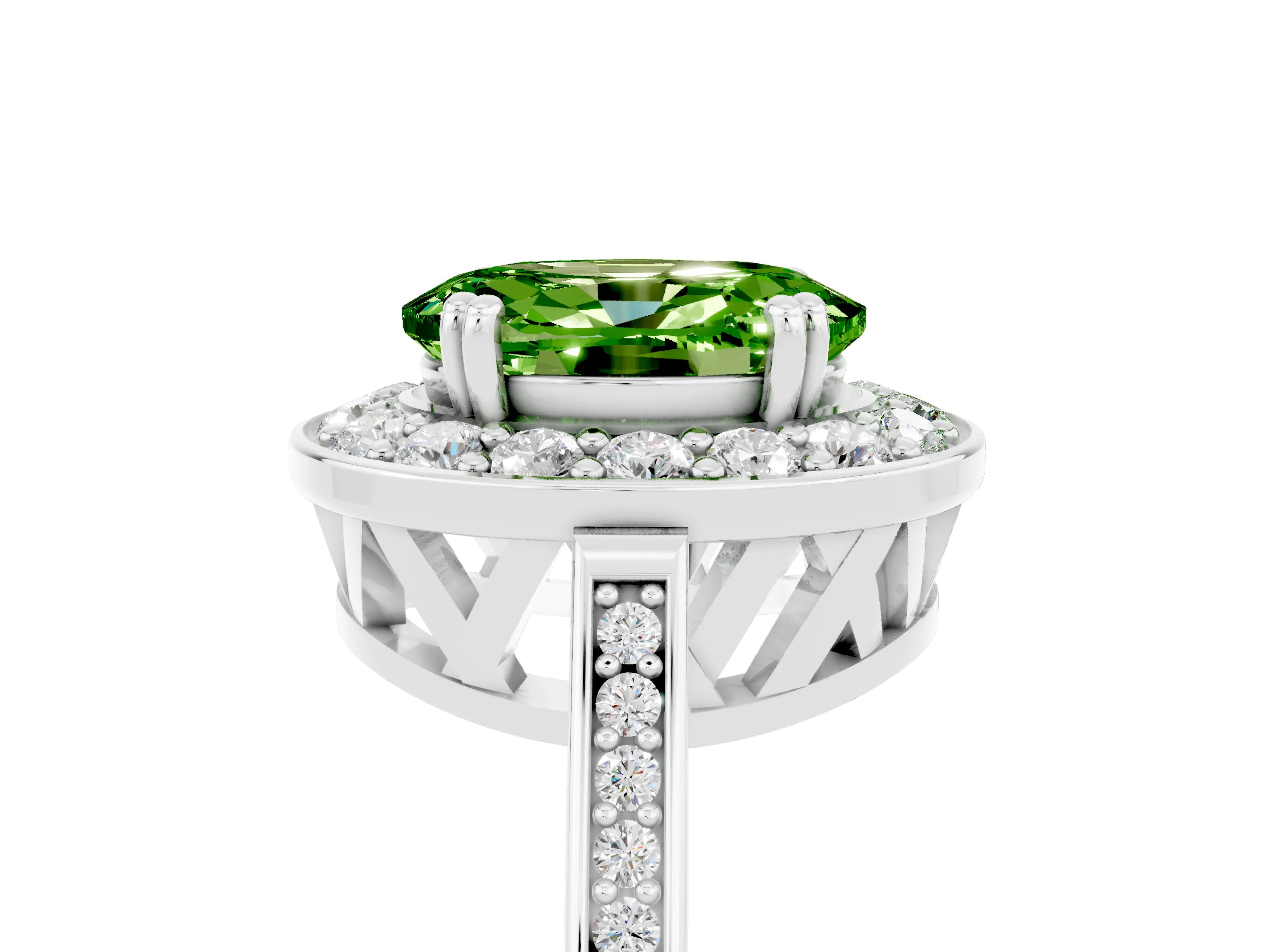 White gold Oval Cut Peridot Halo Ring with Split Shank and Four-Prong Setting_5